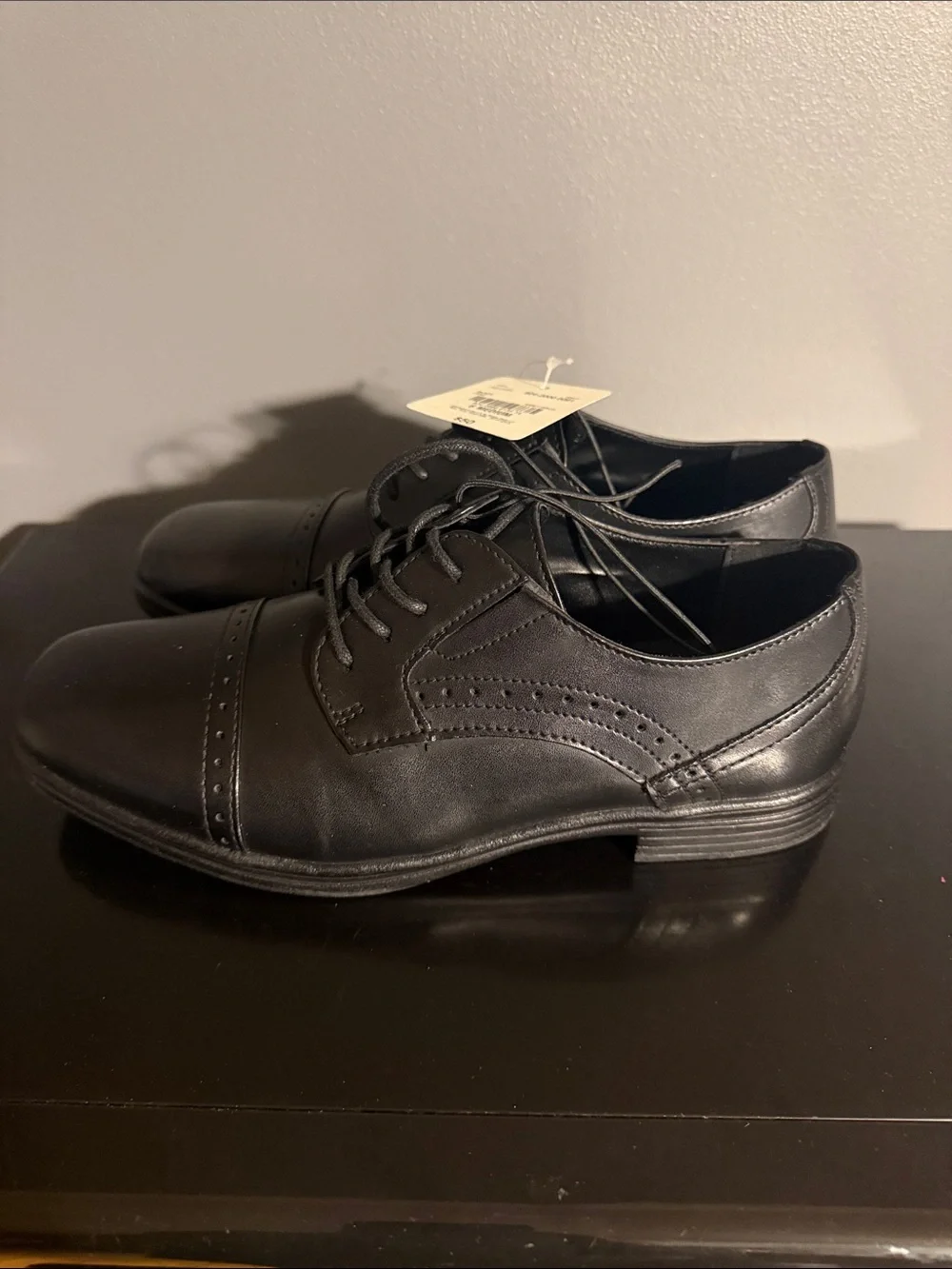Stafford Black Boys Lace-Up Cap-Toe Dress Shoes
